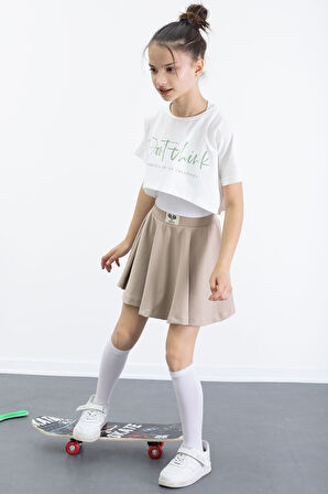 Bej Beli Lastikli Fitilli Kız Çocuk Tenis Eteği 21040