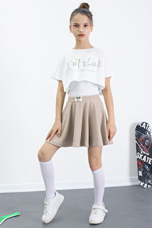 Bej Beli Lastikli Fitilli Kız Çocuk Tenis Eteği 21040