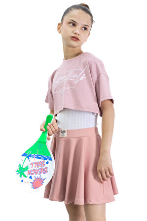 Gül Kurusu Beli Lastikli Fitilli Kız Çocuk Tenis Eteği 21042