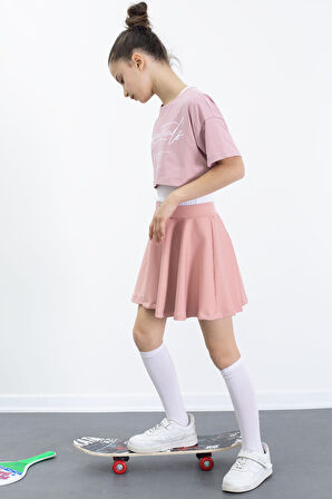 Gül Kurusu Beli Lastikli Fitilli Kız Çocuk Tenis Eteği 21042