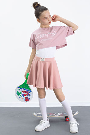 Gül Kurusu Beli Lastikli Fitilli Kız Çocuk Tenis Eteği 21042