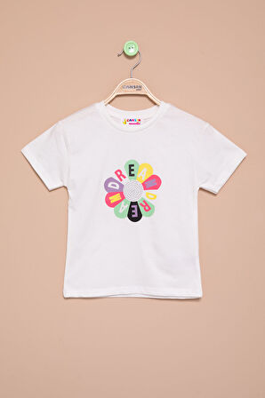 Ekru Dream Baskılı Payetli Kız Çocuk Kısa Kol Tişört 21005