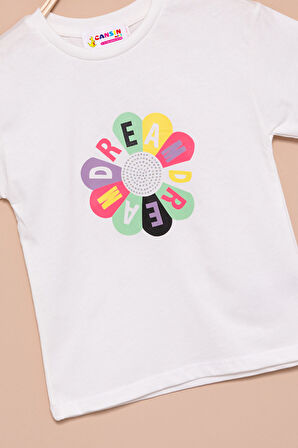 Ekru Dream Baskılı Payetli Kız Çocuk Kısa Kol Tişört 21005