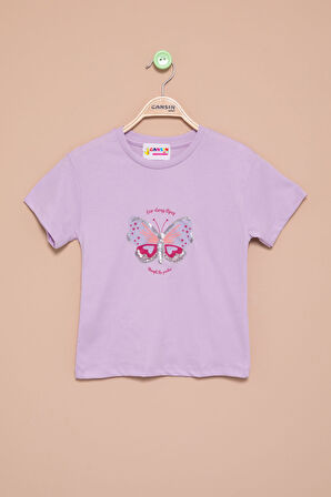 Lila Kelebek Baskılı Payetli Kız Çocuk Tişört 21000