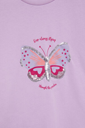 Lila Kelebek Baskılı Payetli Kız Çocuk Tişört 21000