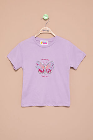 Lila Kelebek Baskılı Payetli Kız Çocuk Tişört 21000