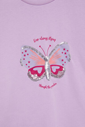 Lila Kelebek Baskılı Payetli Kız Çocuk Tişört 21000