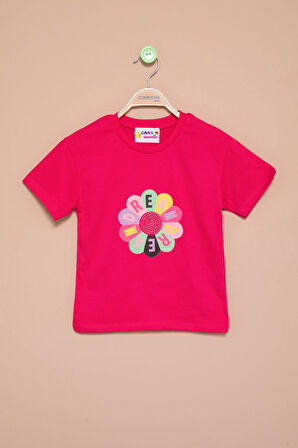 Fuşya Dream Baskılı Payetli Kız Çocuk Kısa Kol Tişört 21004