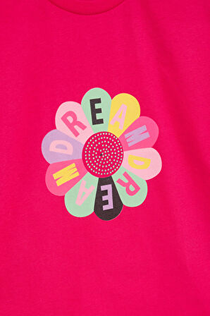 Fuşya Dream Baskılı Payetli Kız Çocuk Kısa Kol Tişört 21004