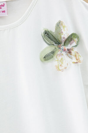 Haki Çiçek İşlemeli Tüllü Etekli Kısa Kol Bluzlu Kız Çocuk 2li Takım 21047