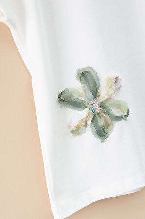 Haki Çiçek İşlemeli Tüllü Etekli Kısa Kol Bluzlu Kız Çocuk 2li Takım 21047