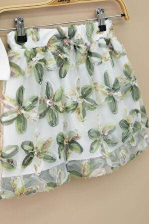 Haki Çiçek İşlemeli Tüllü Etekli Kısa Kol Bluzlu Kız Çocuk 2li Takım 21047