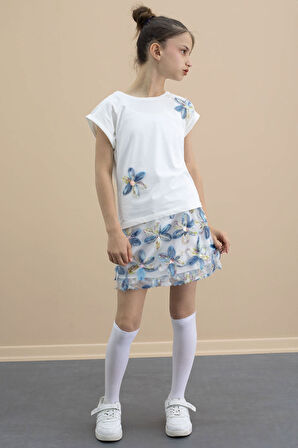 Mavi Çiçek İşlemeli Tüllü Etekli Kısa Kol Bluzlu Kız Çocuk 2li Takım 21048