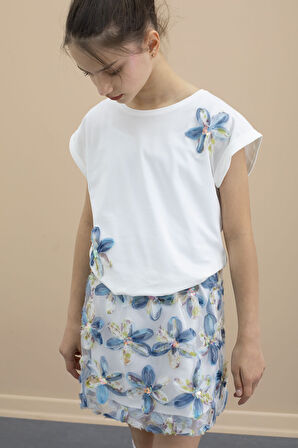 Mavi Çiçek İşlemeli Tüllü Etekli Kısa Kol Bluzlu Kız Çocuk 2li Takım 21048