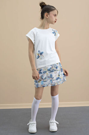 Mavi Çiçek İşlemeli Tüllü Etekli Kısa Kol Bluzlu Kız Çocuk 2li Takım 21048