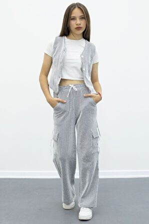 Lacivert Çizgili Düğmeli Yelekli Kargo Cepli Pantolonlu Kız Çocuk 2li Takım 21016