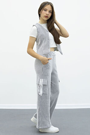 Lacivert Çizgili Düğmeli Yelekli Kargo Cepli Pantolonlu Kız Çocuk 2li Takım 21016