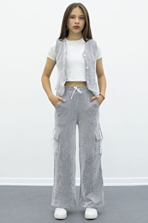 Lacivert Çizgili Düğmeli Yelekli Kargo Cepli Pantolonlu Kız Çocuk 2li Takım 21016