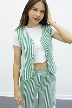 Yeşil Çizgili Düğmeli Yelekli Kargo Cepli Pantolonlu Kız Çocuk 2li Takım 21015