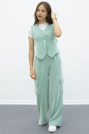 Yeşil Çizgili Düğmeli Yelekli Kargo Cepli Pantolonlu Kız Çocuk 2li Takım 21015