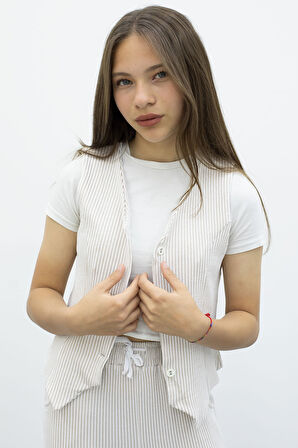 Krem Çizgili Düğmeli Yelekli Kargo Cepli Pantolonlu Kız Çocuk 2li Takım 21017