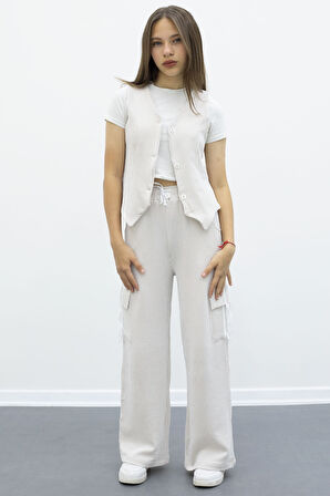 Krem Çizgili Düğmeli Yelekli Kargo Cepli Pantolonlu Kız Çocuk 2li Takım 21017