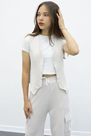 Krem Çizgili Düğmeli Yelekli Kargo Cepli Pantolonlu Kız Çocuk 2li Takım 21017