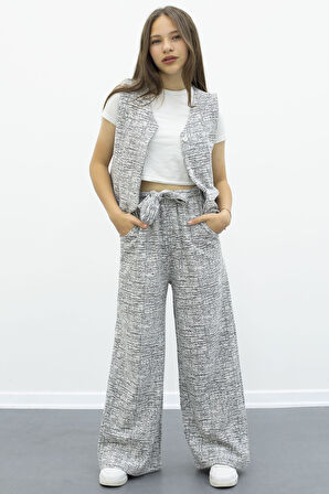 Siyah Düğmeli Yelekli Geniş Paça Kuşaklı Pantolonlu Kız Çocuk 2li Takım 21008