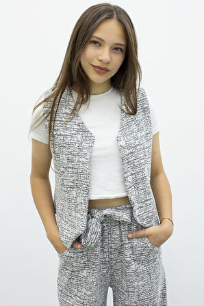 Siyah Düğmeli Yelekli Geniş Paça Kuşaklı Pantolonlu Kız Çocuk 2li Takım 21008