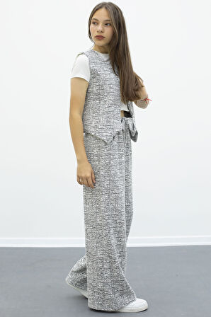 Siyah Düğmeli Yelekli Geniş Paça Kuşaklı Pantolonlu Kız Çocuk 2li Takım 21008