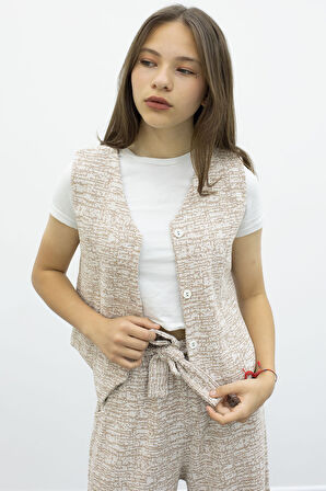 Kahve Düğmeli Yelekli Geniş Paça Kuşaklı Pantolonlu Kız Çocuk 2li Takım 21011