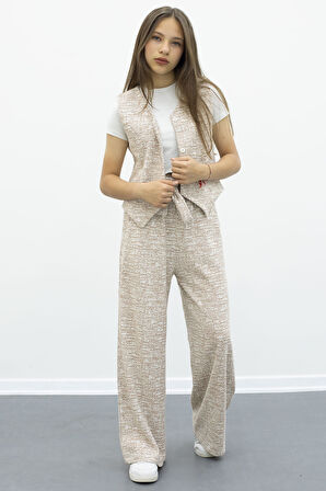 Kahve Düğmeli Yelekli Geniş Paça Kuşaklı Pantolonlu Kız Çocuk 2li Takım 21011