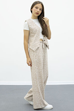 Kahve Düğmeli Yelekli Geniş Paça Kuşaklı Pantolonlu Kız Çocuk 2li Takım 21011