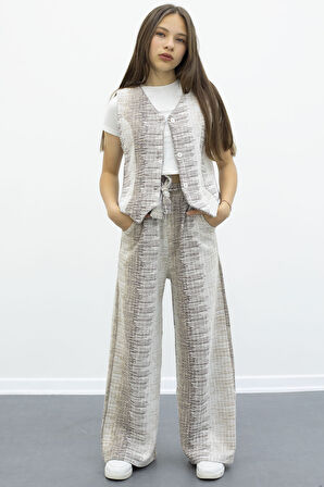 Kahve Düğmeli Yelekli Geniş Paça Kuşaklı Pantolonlu Kız Çocuk 2li Takım 21014