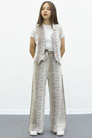 Kahve Düğmeli Yelekli Geniş Paça Kuşaklı Pantolonlu Kız Çocuk 2li Takım 21014