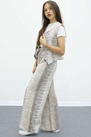 Kahve Düğmeli Yelekli Geniş Paça Kuşaklı Pantolonlu Kız Çocuk 2li Takım 21014