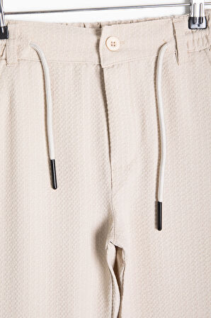 Krem Erkek Çocuk Çizgili Duble Paça Gofre Kumaş Pantolon 21053