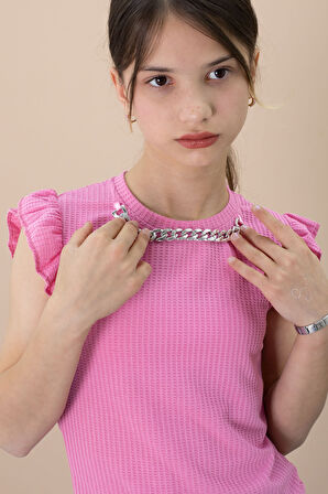 Payetli Jean Şortlu Pembe Kolye Detaylı Badili Kız Çocuk 2li Takım 21108