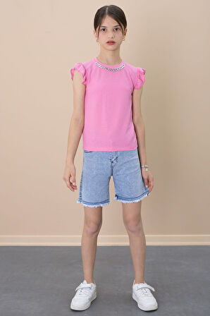 Payetli Jean Şortlu Pembe Kolye Detaylı Badili Kız Çocuk 2li Takım 21108