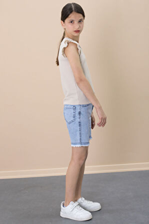 Payetli Jean Şortlu Bej Kolye Detaylı Badili Kız Çocuk 2li Takım 21109