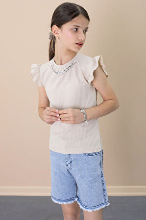 Payetli Jean Şortlu Bej Kolye Detaylı Badili Kız Çocuk 2li Takım 21109