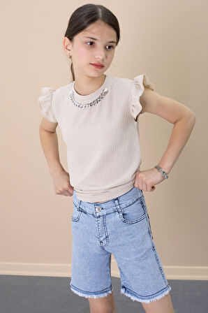 Payetli Jean Şortlu Bej Kolye Detaylı Badili Kız Çocuk 2li Takım 21109