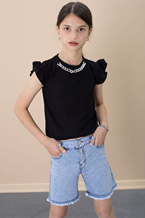 Payetli Jean Şortlu Siyah Kolye Detaylı Badili Kız Çocuk 2li Takım 21110