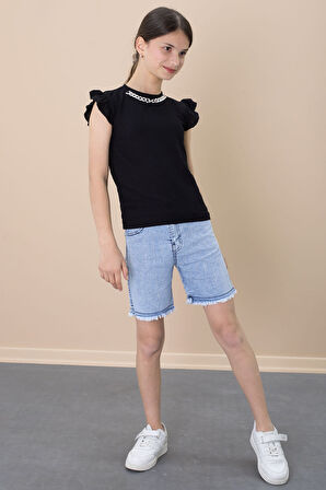 Payetli Jean Şortlu Siyah Kolye Detaylı Badili Kız Çocuk 2li Takım 21110