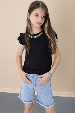 Payetli Jean Şortlu Siyah Kolye Detaylı Badili Kız Çocuk 2li Takım 21110