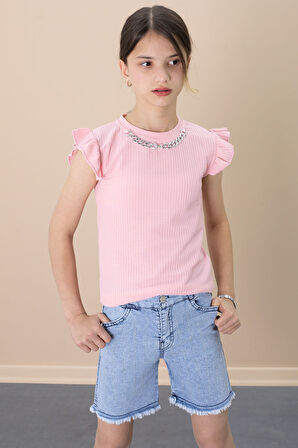 Payetli Jean Şortlu Somon Kolye Detaylı Badili Kız Çocuk 2li Takım 21111