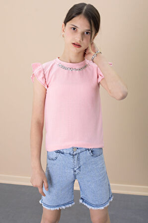 Payetli Jean Şortlu Somon Kolye Detaylı Badili Kız Çocuk 2li Takım 21111