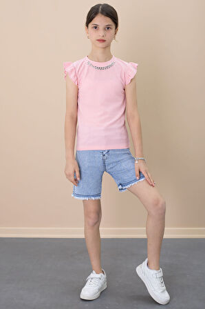 Payetli Jean Şortlu Somon Kolye Detaylı Badili Kız Çocuk 2li Takım 21111