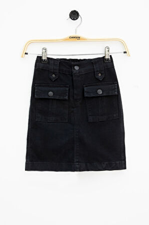 Siyah Ön Cepli Beli Lastikli Kız Çocuk Jean Şort Etek 21120