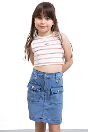 Mavi Ön Cepli Beli Lastikli Kız Çocuk Jean Şort Etek 21122